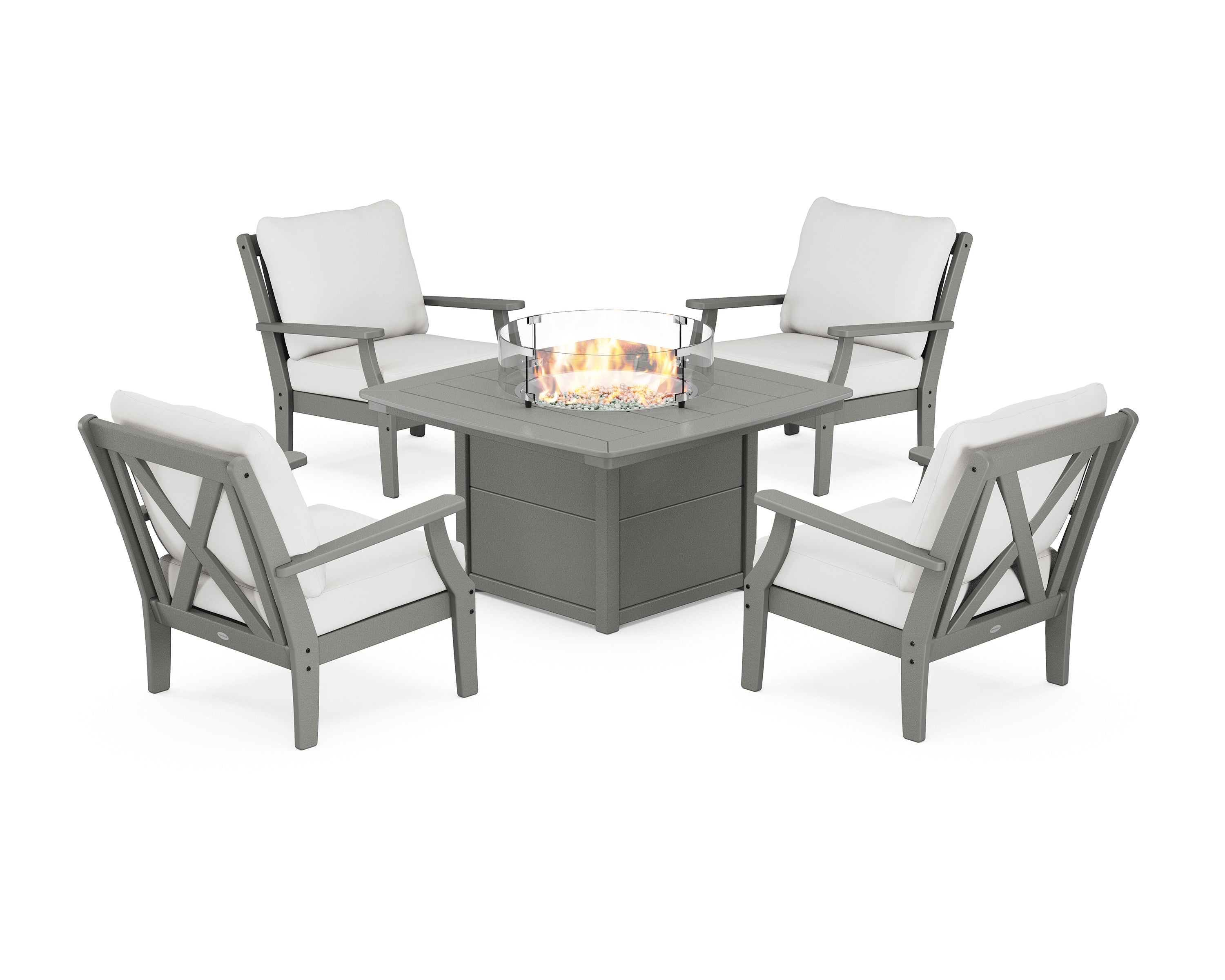POLYWOOD® Braxton 5-Piece Deep Seating Conversation Set with Fire Pit Table in Slate Grey / Natural Linen