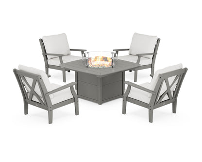 POLYWOOD® Braxton 5-Piece Deep Seating Conversation Set with Fire Pit Table in Slate Grey / Natural Linen