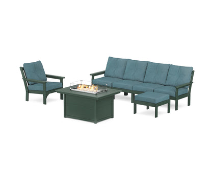 POLYWOOD® Vineyard Sectional Lounge and Fire Pit Set in Green / Ocean Teal