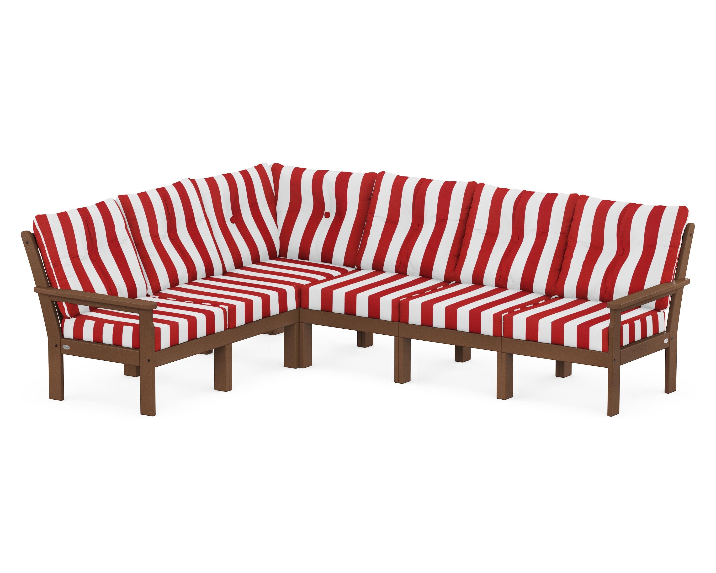 POLYWOOD® Vineyard 6-Piece Sectional in Teak / Cabana Stripe Crimson