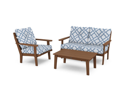 POLYWOOD® Lakeside 3-Piece Deep Seating Set in Teak / Trellis Sky Blue