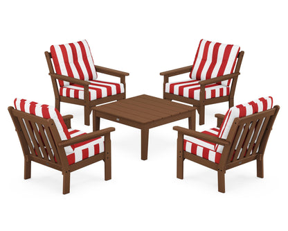 POLYWOOD® Vineyard 5-Piece Deep Seating Conversation Set in Teak / Cabana Stripe Crimson