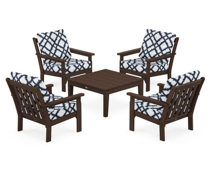 POLYWOOD® Vineyard 5-Piece Deep Seating Conversation Set in Mahogany / Trellis Marine Indigo
