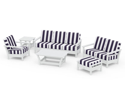 POLYWOOD® Harbour 6-Piece Outdoor Living Set in White / Cabana Stripe Navy