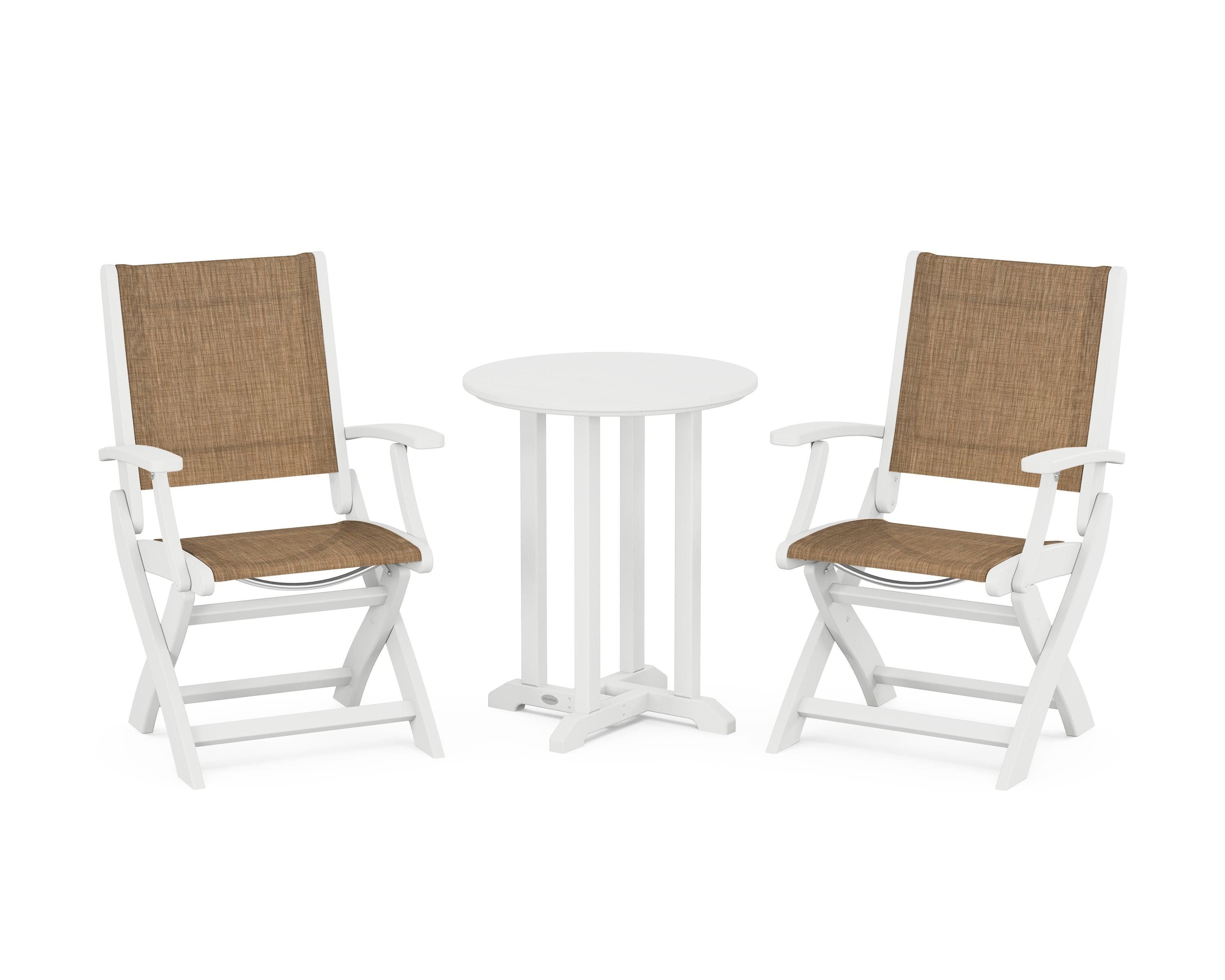 POLYWOOD® Coastal Folding 3-Piece Round Bistro Dining Set in White / Burlap Sling