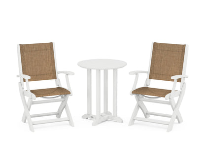 POLYWOOD® Coastal Folding 3-Piece Round Bistro Dining Set in White / Burlap Sling
