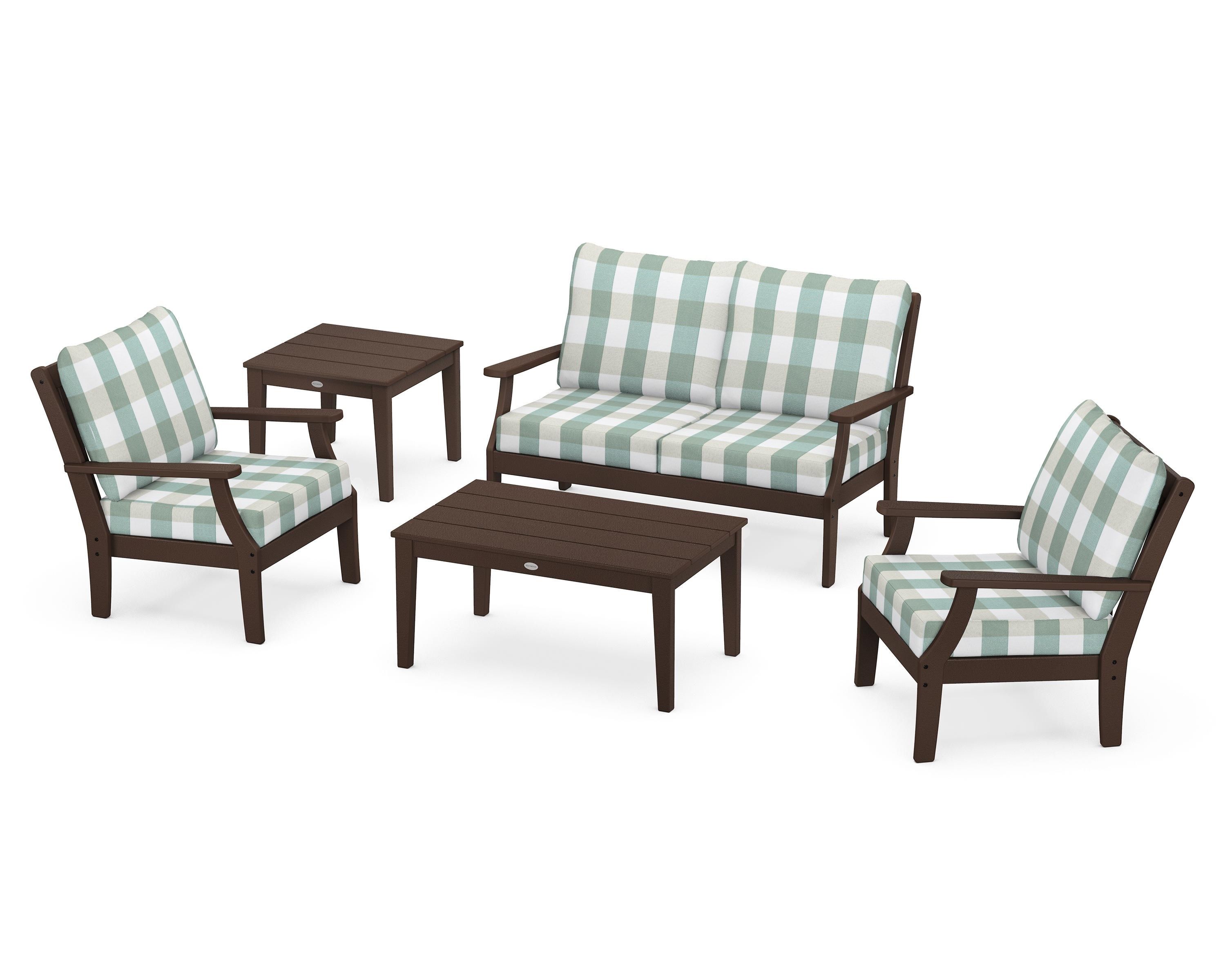 POLYWOOD® Braxton 5-Piece Deep Seating Set in Mahogany / Buffalo Plaid Glacier Spa