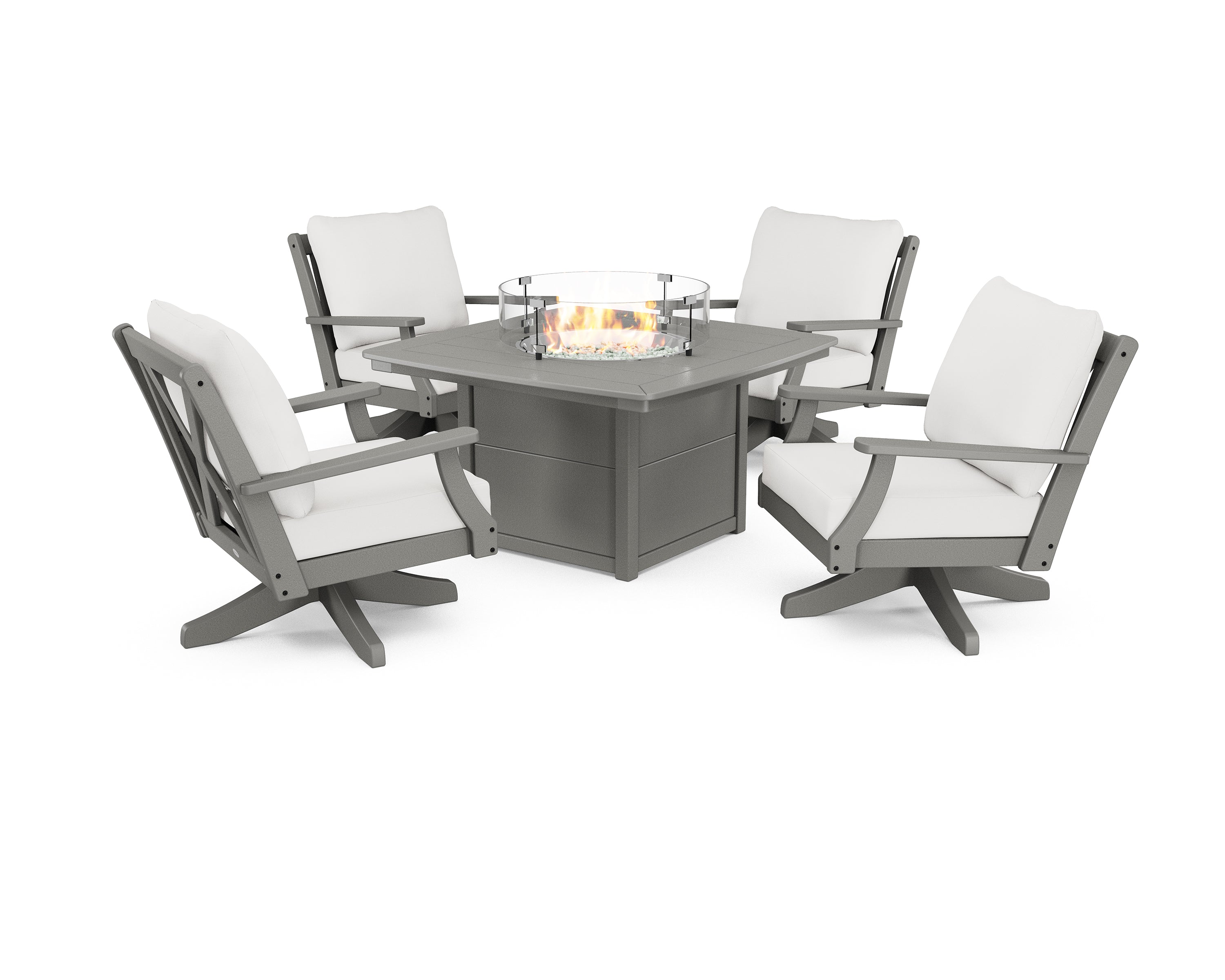 POLYWOOD® Braxton 5-Piece Deep Seating Swivel Conversation Set with Fire Pit Table in Slate Grey / Natural Linen