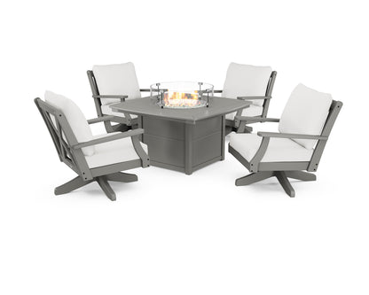 POLYWOOD® Braxton 5-Piece Deep Seating Swivel Conversation Set with Fire Pit Table in Slate Grey / Natural Linen
