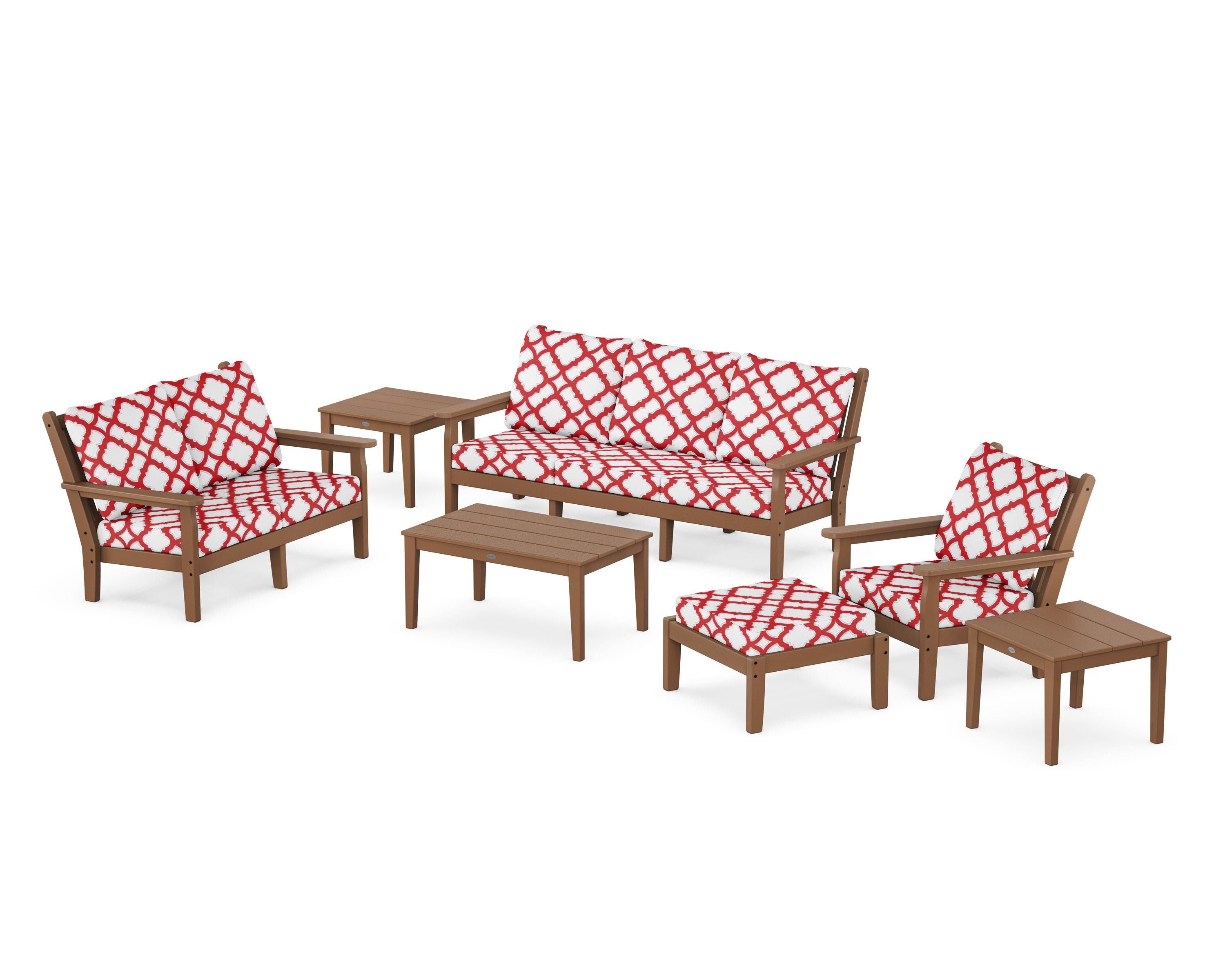 POLYWOOD® Chippendale 7-Piece Deep Seating Set in Teak / Trellis Crimson