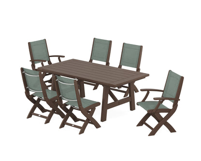 POLYWOOD® Coastal Folding Chair 7-Piece Rustic Farmhouse Dining Set in Mahogany / Dupioni Sea Mist Sling