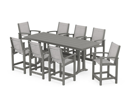 POLYWOOD® Coastal 9-Piece Farmhouse Counter Set with Trestle Legs in Slate Grey / Parchment Sling