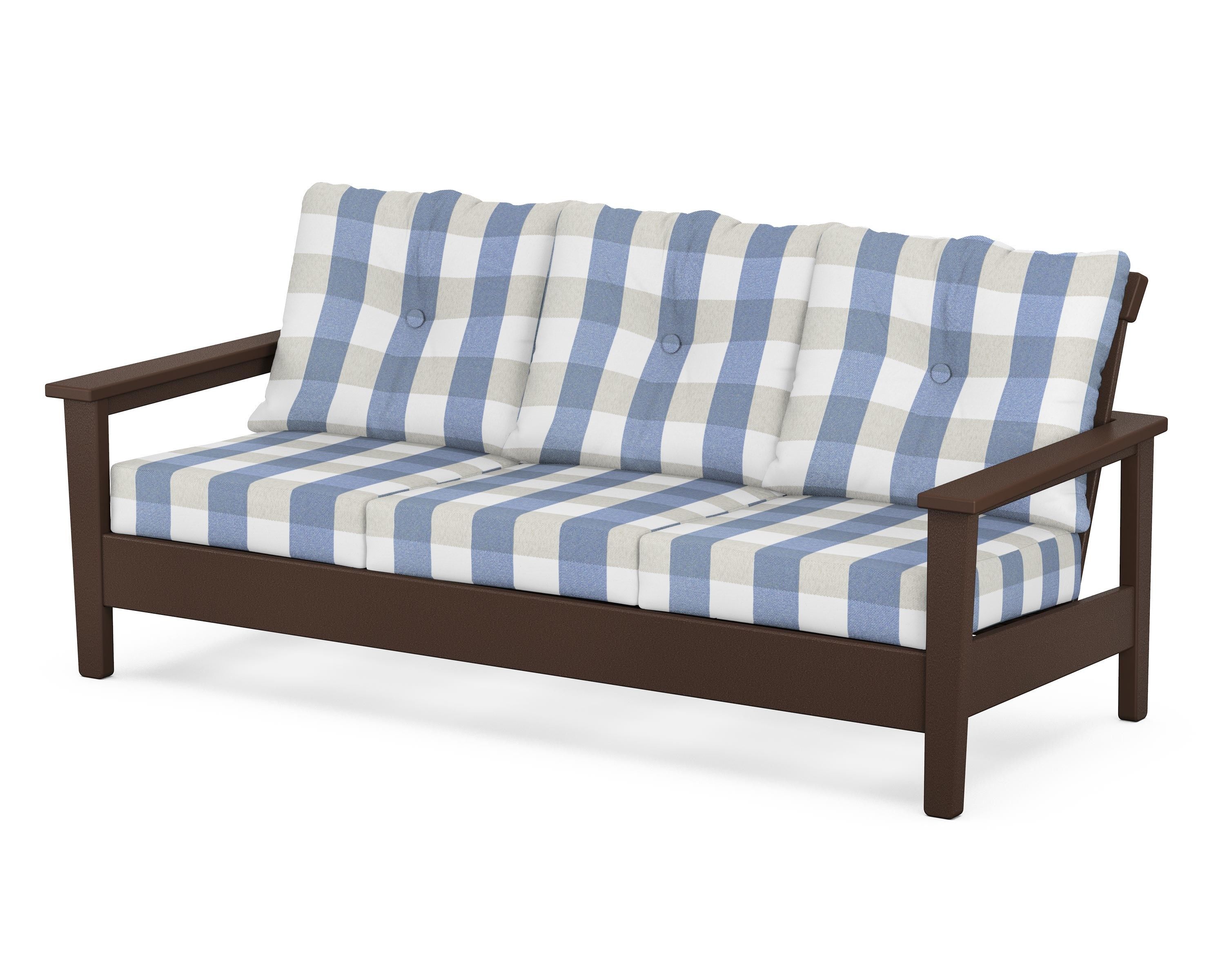 POLYWOOD® Prescott Deep Seating Sofa in Mahogany / Buffalo Plaid Sky Blue