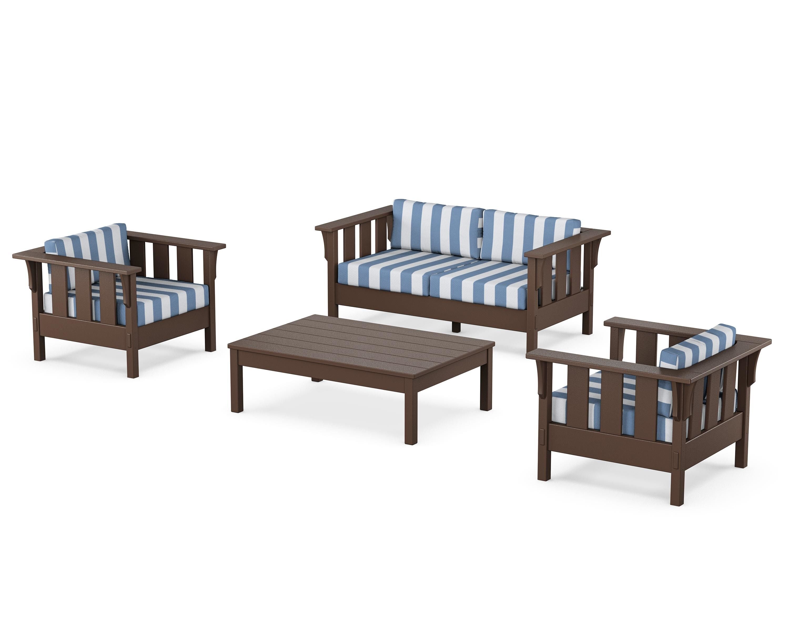 Martha Stewart by POLYWOOD® Acadia 4-Piece Deep Seating Set with Loveseat in Mahogany / Cabana Stripe Sky Blue