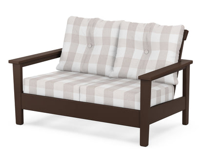 POLYWOOD® Prescott Deep Seating Loveseat in Mahogany / Buffalo Plaid Dune Burlap
