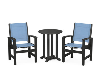 POLYWOOD® Coastal 3-Piece Round Bistro Dining Set in Black / Poolside Sling