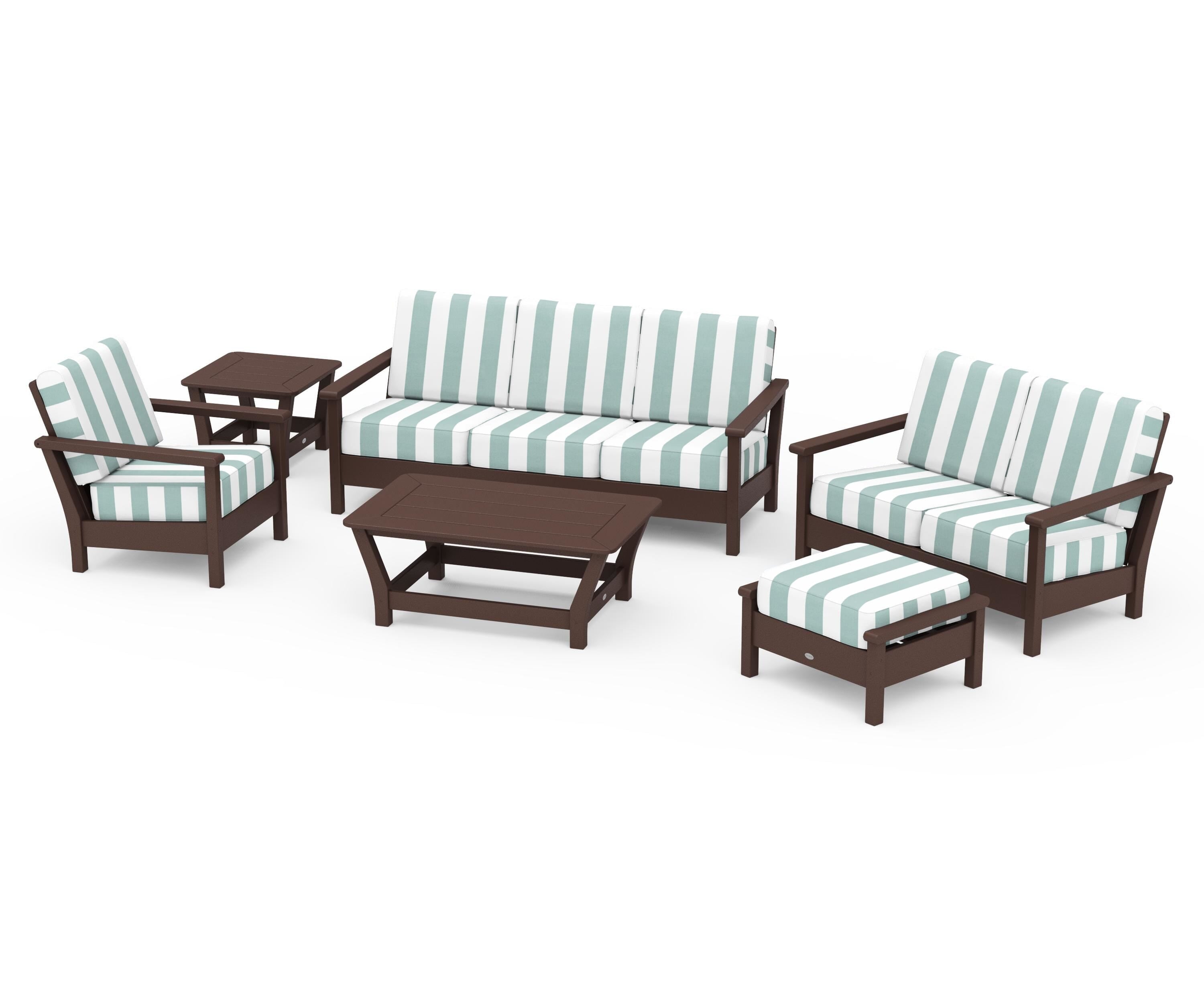 POLYWOOD® Harbour 6-Piece Outdoor Living Set in Mahogany / Cabana Stripe Glacier Spa
