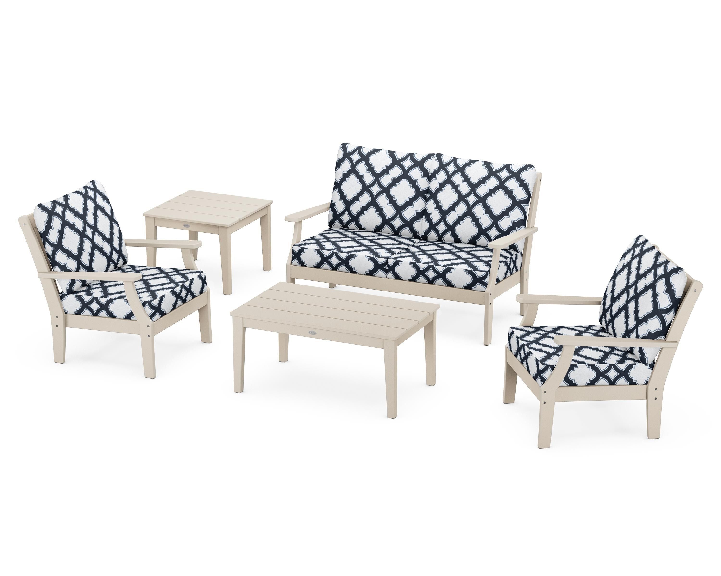 POLYWOOD® Braxton 5-Piece Deep Seating Set in Sand / Trellis Marine Indigo