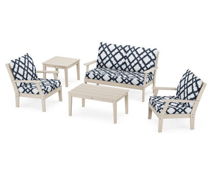 POLYWOOD® Braxton 5-Piece Deep Seating Set in Sand / Trellis Marine Indigo