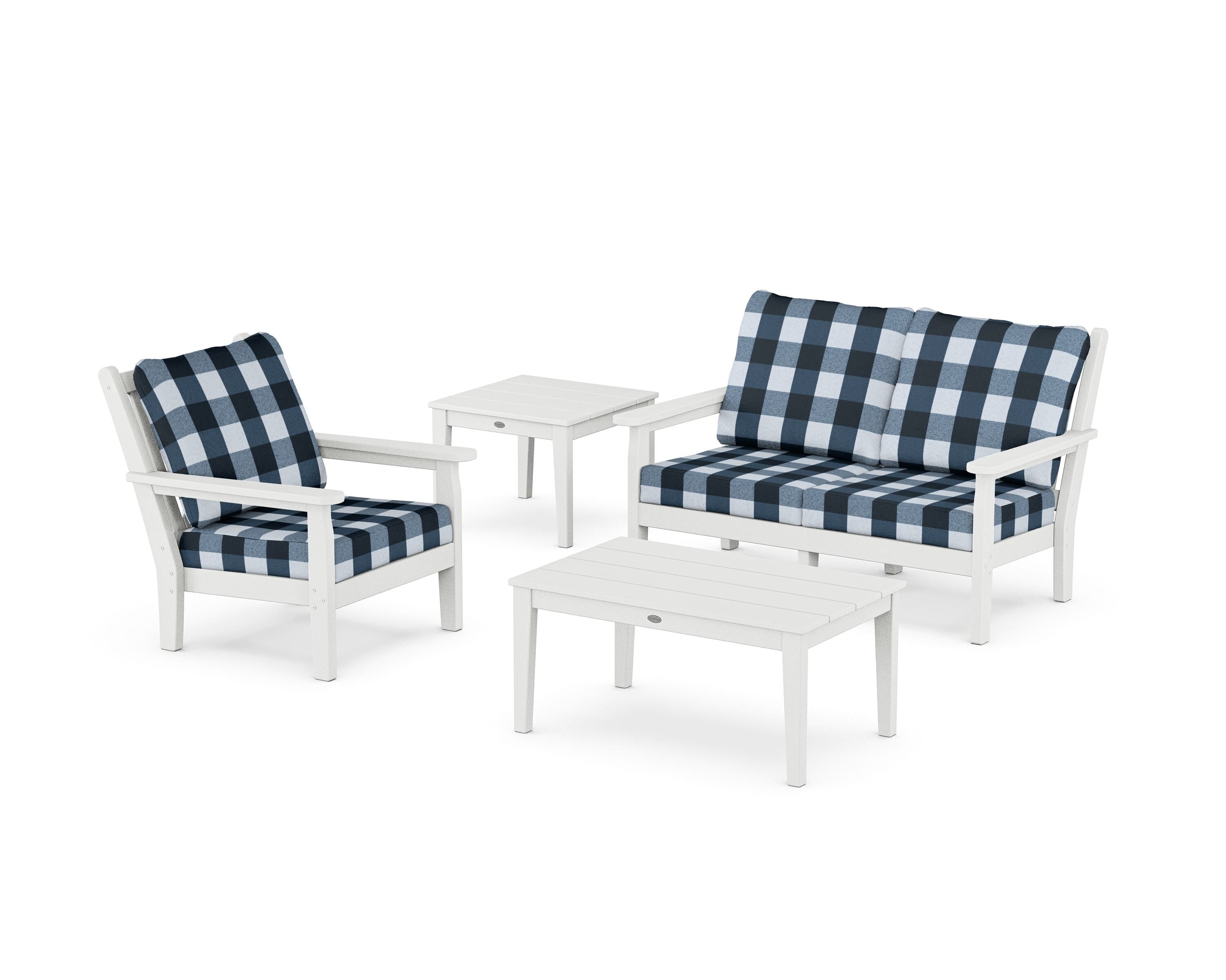 POLYWOOD® Chippendale 4-Piece Deep Seating Set in White / Buffalo Plaid Marine Indigo