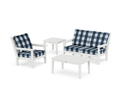 POLYWOOD® Chippendale 4-Piece Deep Seating Set in White / Buffalo Plaid Marine Indigo