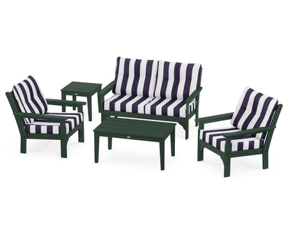 POLYWOOD® Vineyard 5-Piece Deep Seating Set in Green / Cabana Stripe Navy