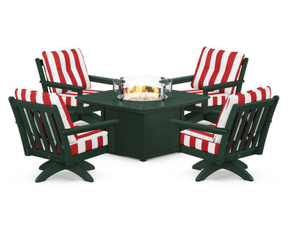POLYWOOD® Vineyard 5-Piece Deep Seating Swivel Conversation Set with Fire Pit Table in Green / Cabana Stripe Crimson