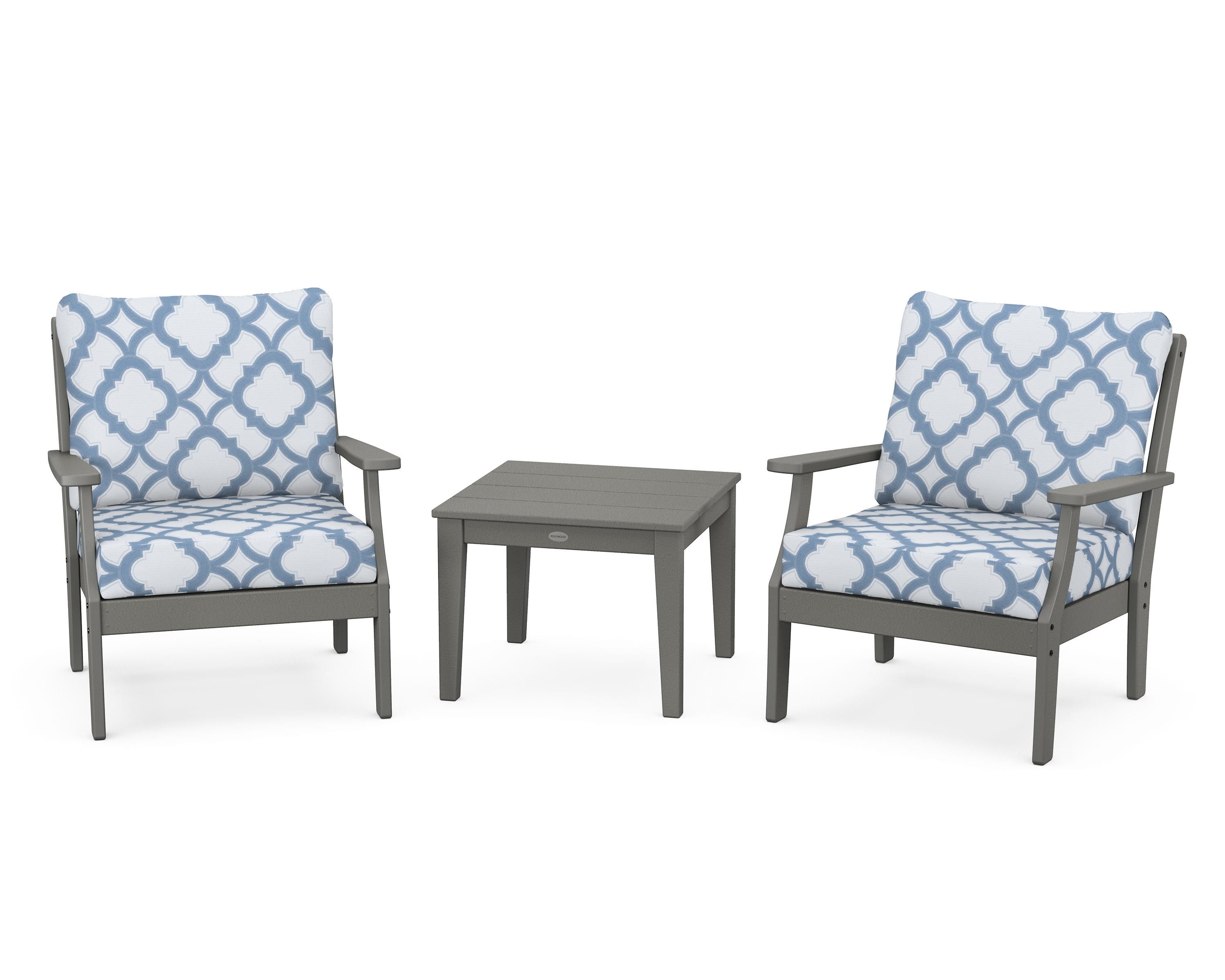 POLYWOOD® Braxton 3-Piece Deep Seating Set in Slate Grey / Trellis Sky Blue