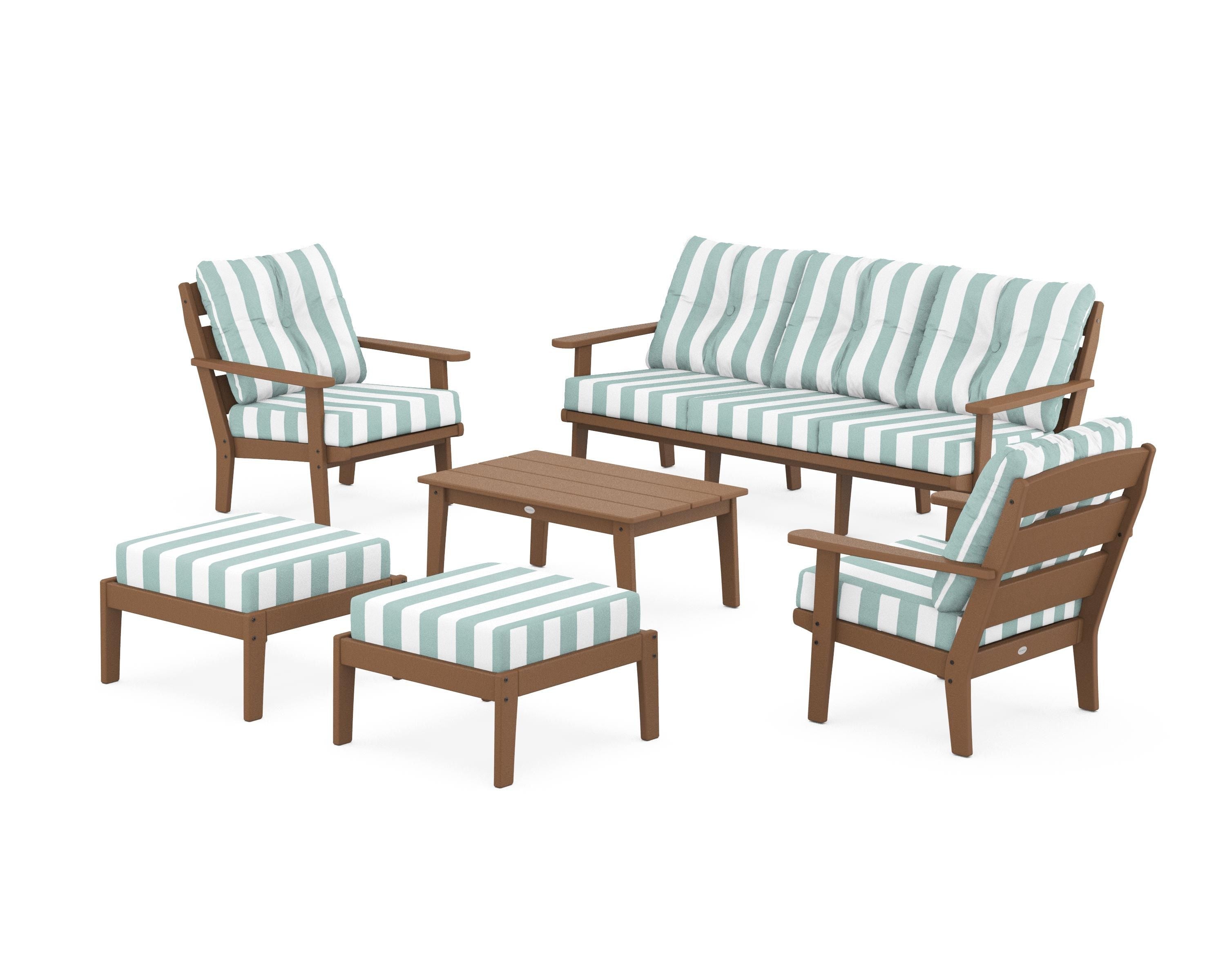 POLYWOOD® Lakeside 6-Piece Lounge Sofa Set in Teak / Cabana Stripe Glacier Spa