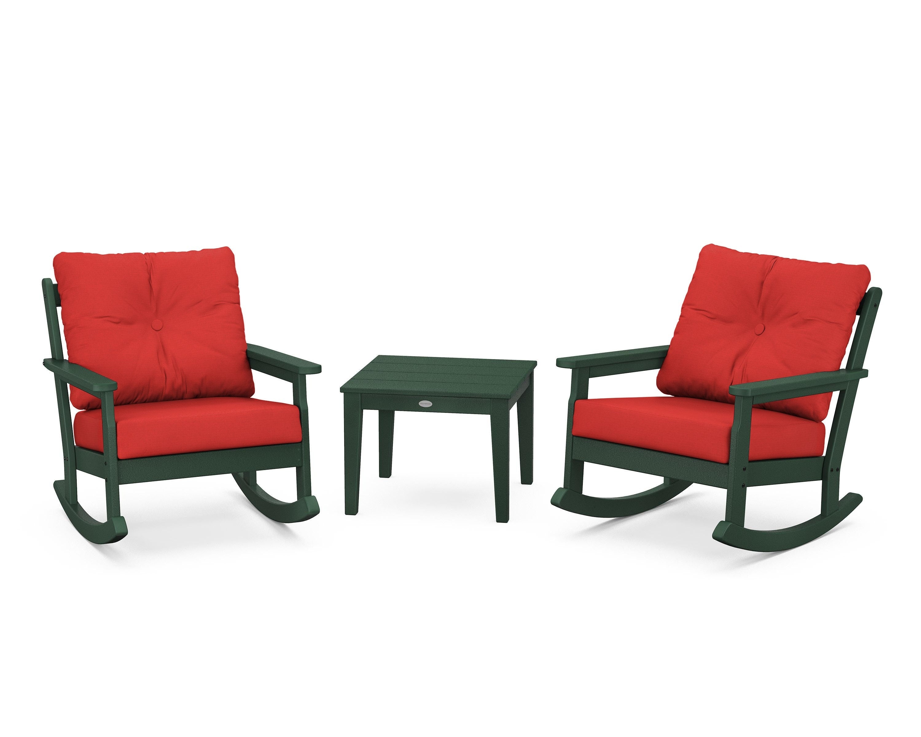 POLYWOOD® Vineyard 3-Piece Deep Seating Rocker Set in Green / Crimson Linen