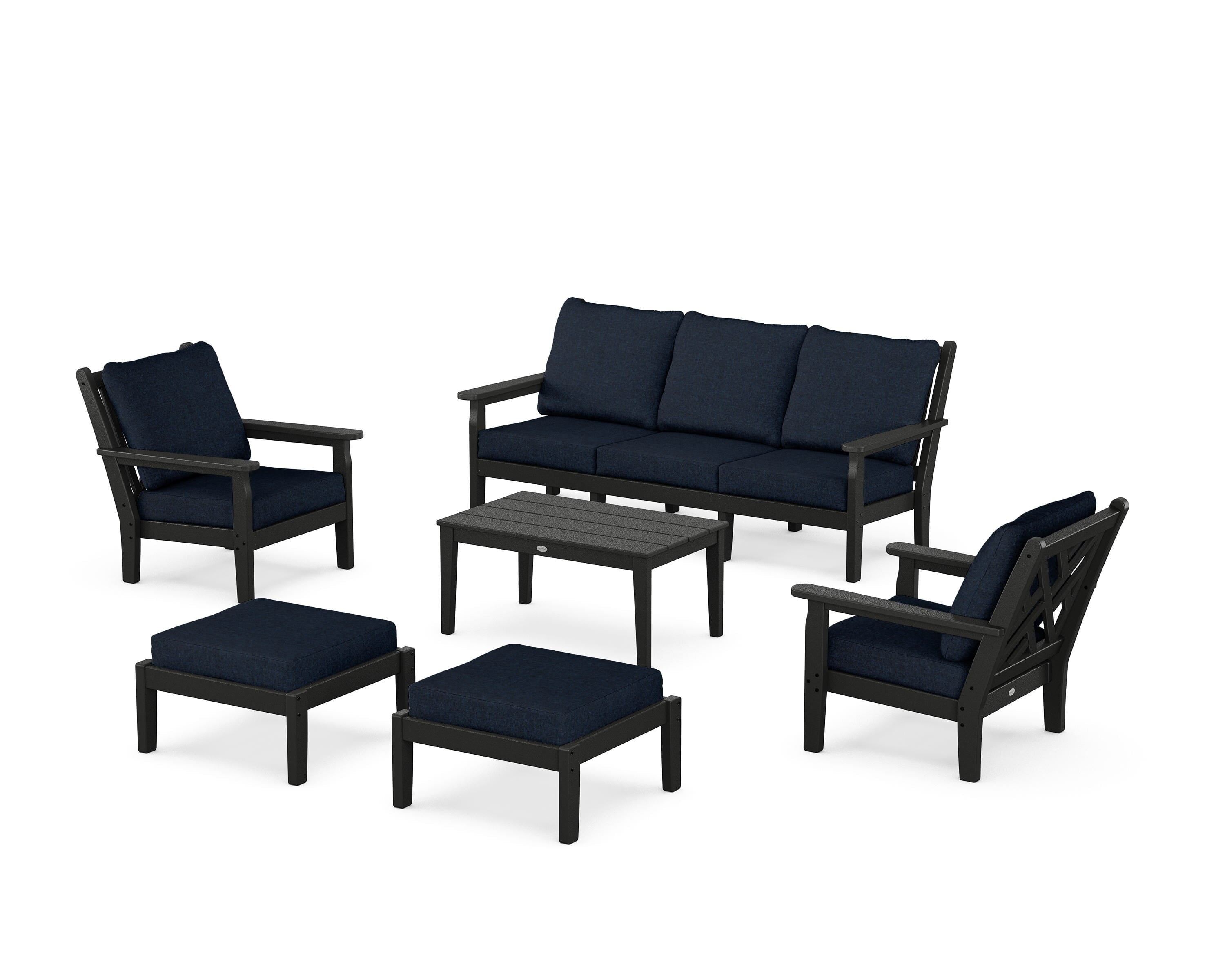 POLYWOOD® Chippendale 6-Piece Lounge Sofa Set in Black / Marine Indigo