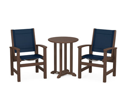 POLYWOOD® Coastal 3-Piece Round Bistro Dining Set in Mahogany / Navy Blue Sling