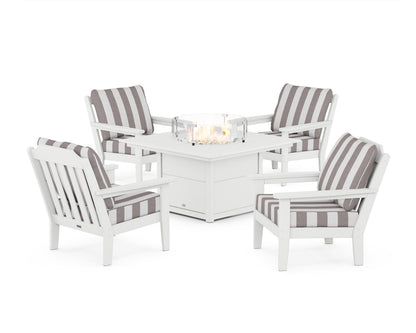 Country Living Cottage 5-Piece Deep Seating Set with Fire Pit Table in White / Cabana Stripe Grey Mist