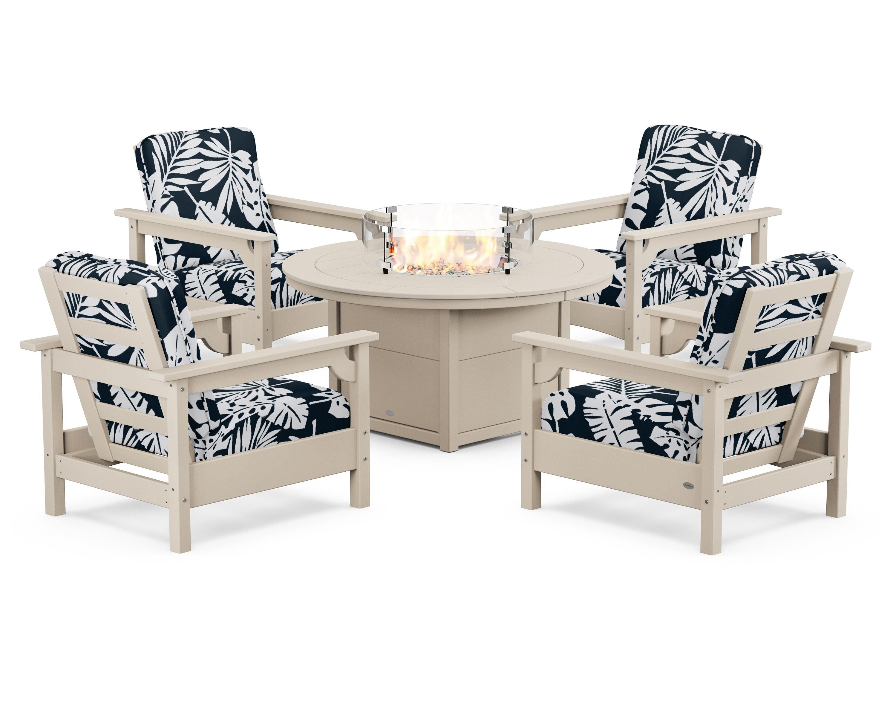 POLYWOOD® Club 5-Piece Conversation Set with Fire Pit Table in Sand / Leaf Marine Indigo