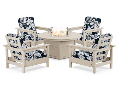 POLYWOOD® Club 5-Piece Conversation Set with Fire Pit Table in Sand / Leaf Marine Indigo
