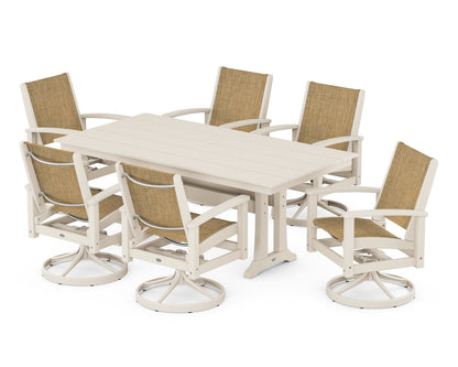 POLYWOOD® 7 Piece Coastal Swivel Rocker Dining Set in Satin Tan / Sand / Burlap Sling
