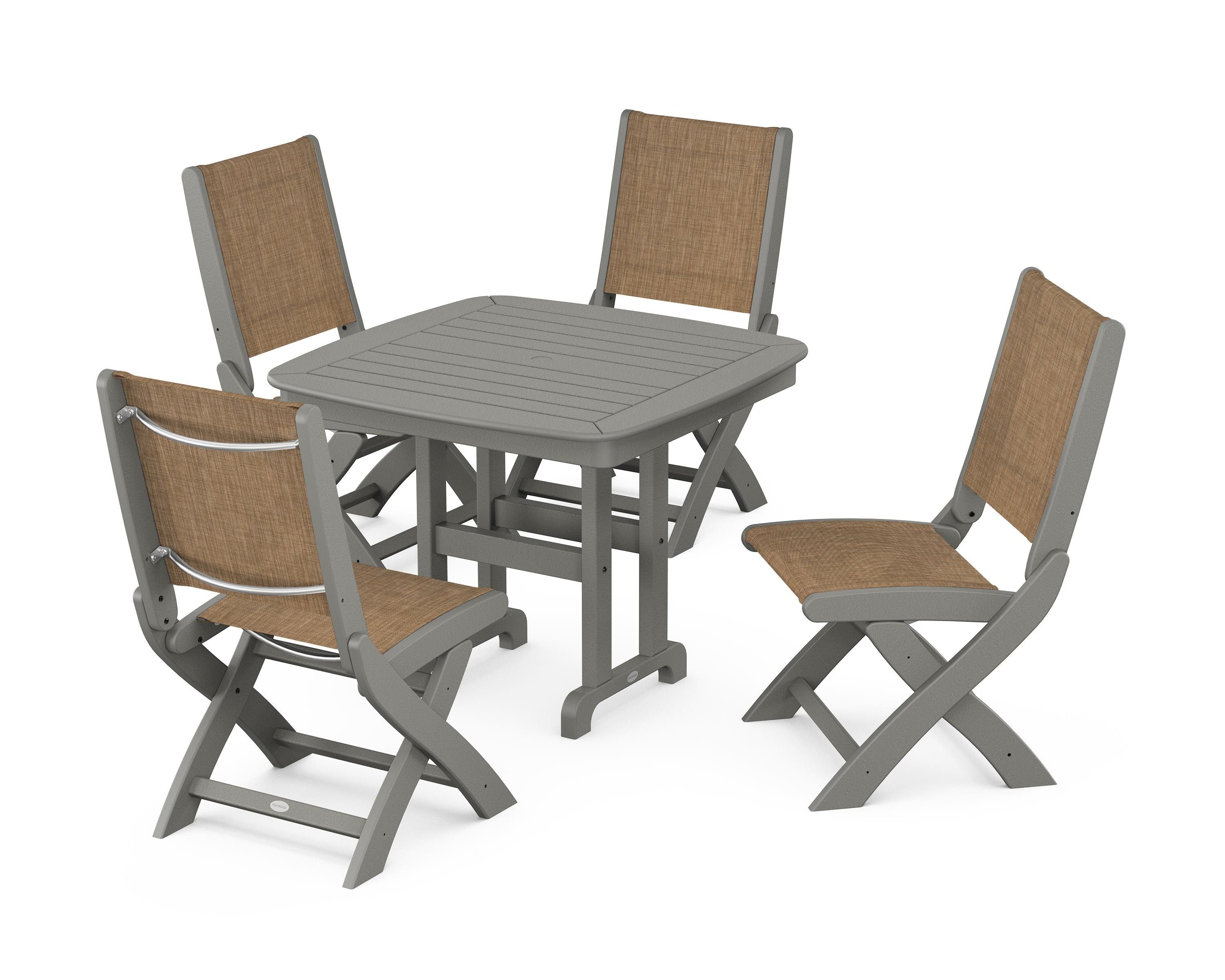 POLYWOOD® Coastal Folding Side Chair 5-Piece Dining Set in Slate Grey / Burlap Sling