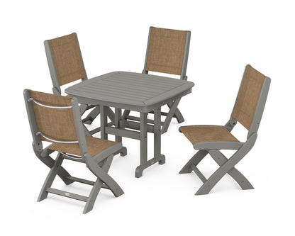 POLYWOOD® Coastal Folding Side Chair 5-Piece Dining Set in Slate Grey / Burlap Sling