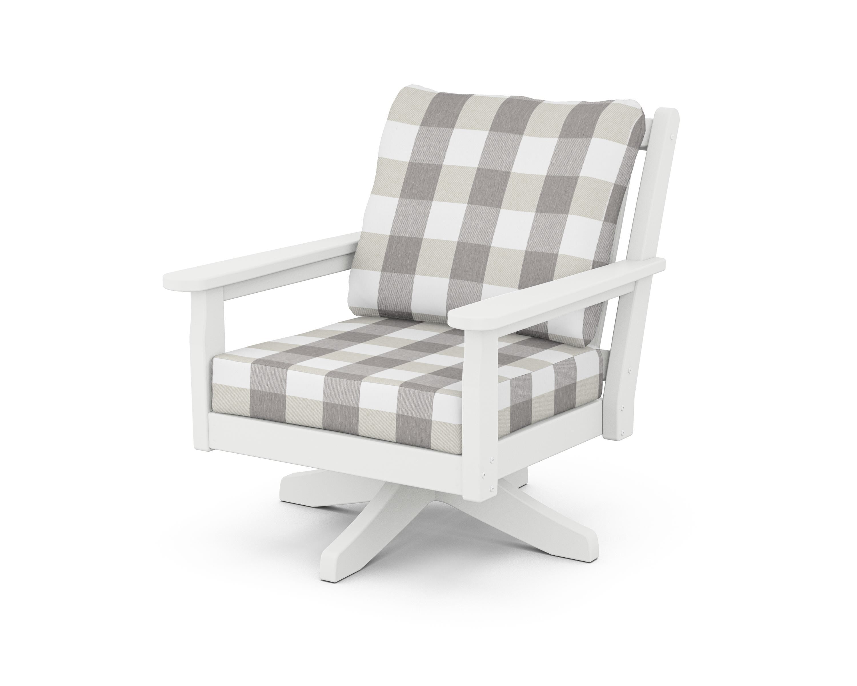POLYWOOD® Chippendale Deep Seating Swivel Chair in White / Buffalo Plaid Grey Mist