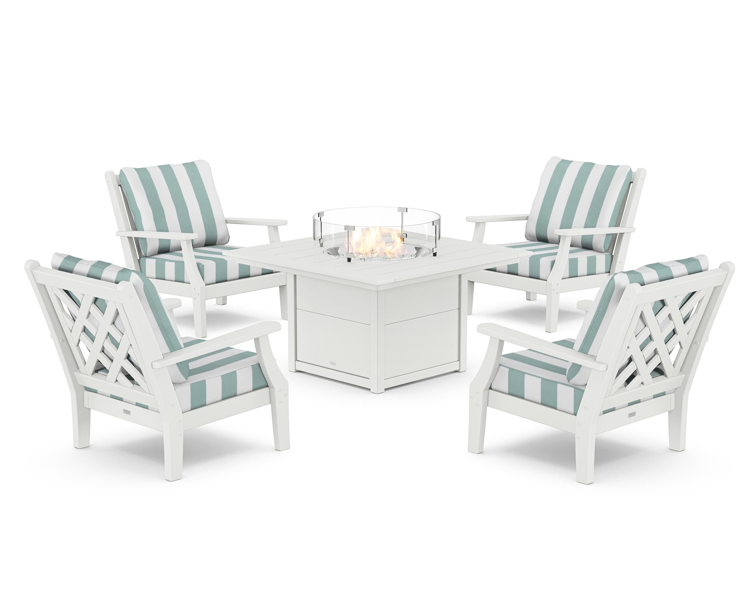Country Living Wovendale 5-Piece Deep Seating Set with Fire Pit Table in White / Cabana Stripe Glacier Spa