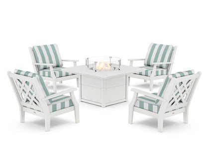 Country Living Wovendale 5-Piece Deep Seating Set with Fire Pit Table in White / Cabana Stripe Glacier Spa