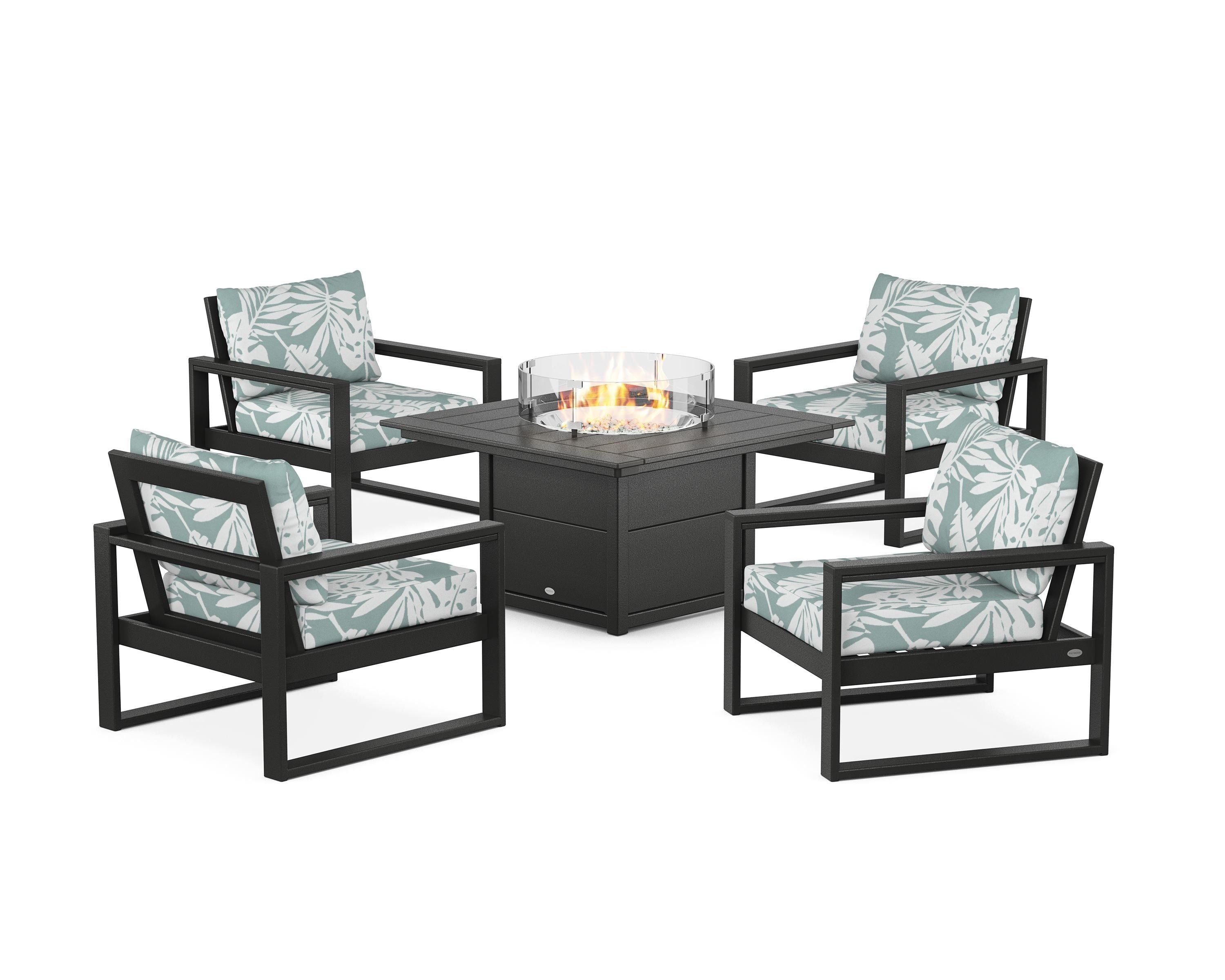 POLYWOOD® EDGE Sectional 5-Piece Deep Seating Set with Fire Pit Table in Black / Leaf Glacier Spa