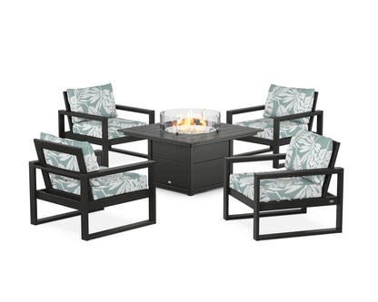 POLYWOOD® EDGE Sectional 5-Piece Deep Seating Set with Fire Pit Table in Black / Leaf Glacier Spa