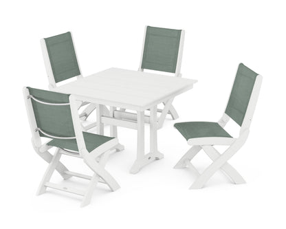 POLYWOOD® Coastal Folding Side Chair 5-Piece Farmhouse Dining Set With Trestle Legs in White / Dupioni Sea Mist Sling