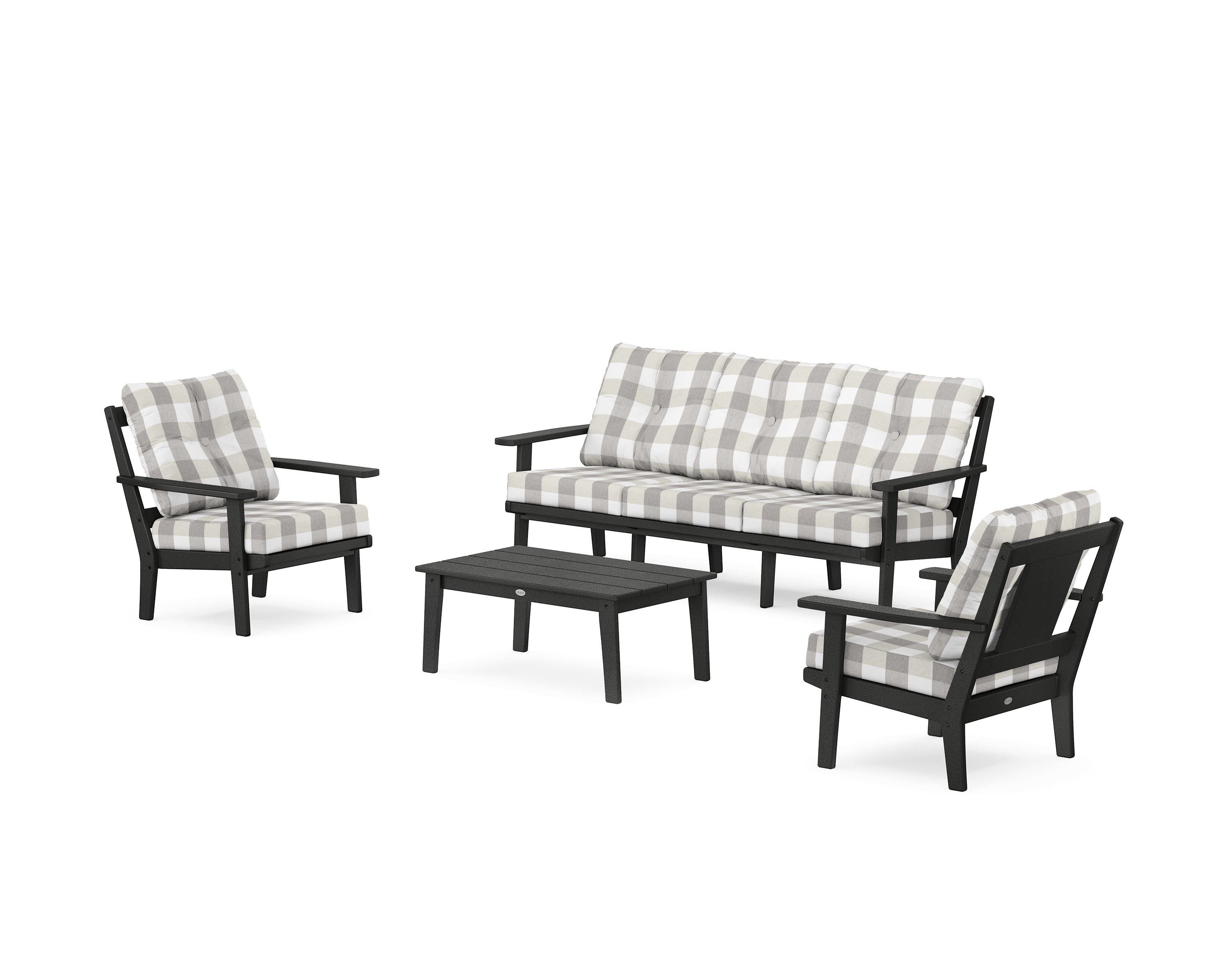POLYWOOD® Prairie 4-Piece Deep Seating Set with Sofa in Black / Buffalo Plaid Grey Mist