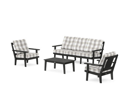 POLYWOOD® Prairie 4-Piece Deep Seating Set with Sofa in Black / Buffalo Plaid Grey Mist