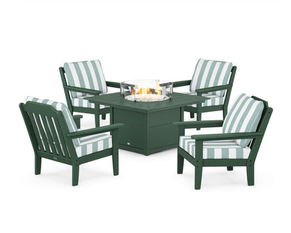 Country Living Cottage 5-Piece Deep Seating Set with Fire Pit Table in Green / Cabana Stripe Glacier Spa