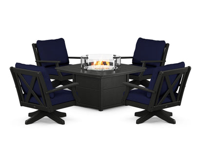 POLYWOOD® Braxton 5-Piece Deep Seating Swivel Conversation Set with Fire Pit Table in Black / Navy