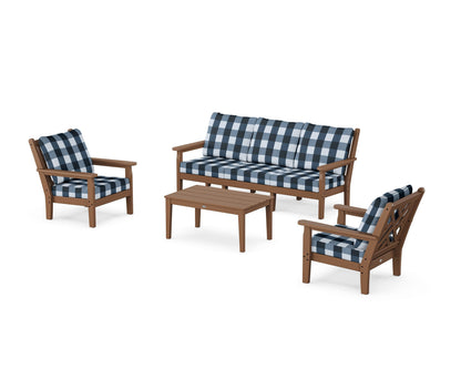 POLYWOOD® Chippendale 4-Piece Deep Seating Set with Sofa in Teak / Buffalo Plaid Marine Indigo