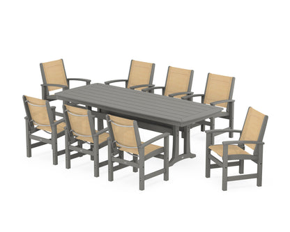 POLYWOOD® Coastal 9-Piece Dining Set with Trestle Legs in Slate Grey / Dupioni Apricot Sling